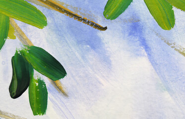 Fototapeta premium Closeup of painting with green leaves and blue background