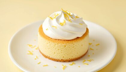 Custard cake with lemon zest and cream on top. Delicious dessert for cafe menu or bakery promotion.