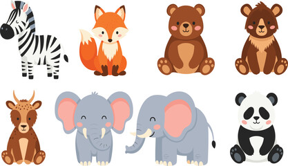 Fototapeta premium Cute Cartoon Wild Animal Vector Set with Zebra Fox Bear Deer Elephant Panda Characters for Kids and Nursery Designs