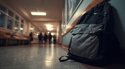 Close-up of a black and grey backpack on a school hallway floor with blurred students in the background
