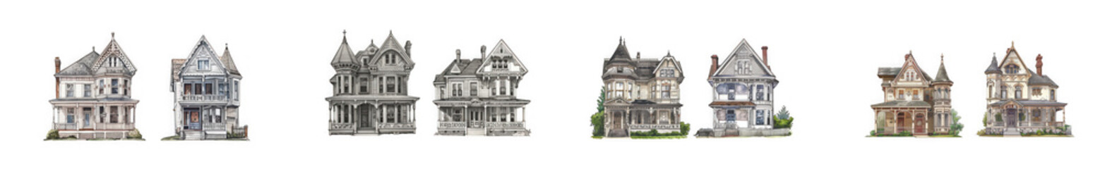 Fototapeta premium Collection of Hand-Drawn Victorian Houses in Grayscale Watercolor Style, Elegant Old Architecture Sketches isolated on transparent background