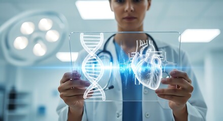 Medical Technology Concept with Doctor, DNA and Heart Hologram