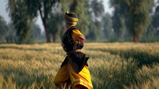Vibrant traditional Punjabi dancer performing Bhangra dance in a scenic field during daylight with energetic movement and cultural attire