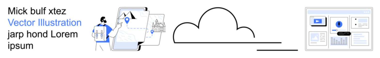 Cloud storage, teamwork, project management, data visualization, digital workflows, online collaboration. Person pointing at documents with cloud icon and charts. Cloud storage and teamwork