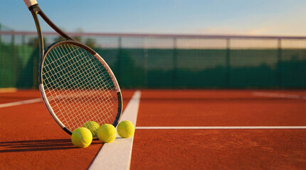 Tennis Racket and Balls on Clay Court Sunset
