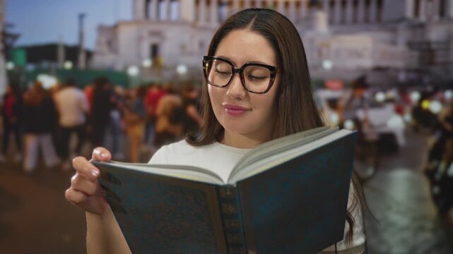 Woman with glasses reading a large hardcover book with a slight smile while standing on a busy street at dusk; learning focus discovery serenity.