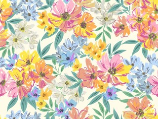 Fototapeta premium Abstract hand painted pastel style colorful wild flowers seamless pattern for fabric and home decor. Floral wall paper. 