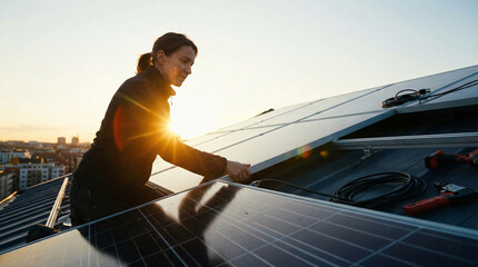 Woman Installing Solar Panels on Rooftop at Sunset

