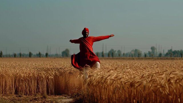 Traditional Punjabi Bhangra Dancer Celebrating in a Wheat Field with Vibrant Attire and Movements During Festival