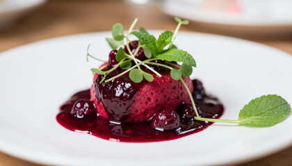 Gourmet berry dessert with mint and microgreens on a white plate.