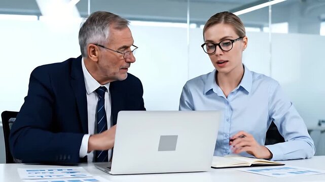 Experienced executive manager and young businesswoman collaborating on a financial report displayed on a computer screen during an important corporate consultation meeting