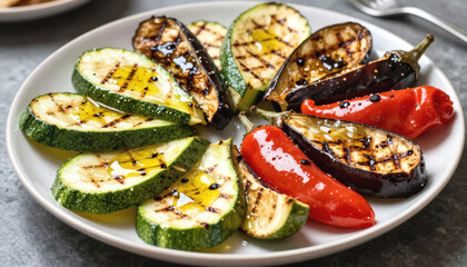 Grilled vegetables on a white plate. Healthy vegetarian side dish. Summer bbq food preparation for eating concept.