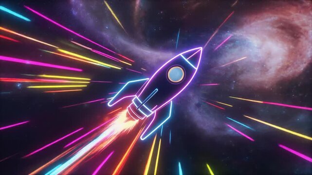 "Neon rocket flying through space with colorful warp-speed light streaks"