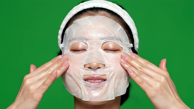 Woman Applying Face Mask with Closed Eyes on Green Screen Background Beauty Skincare Treatment