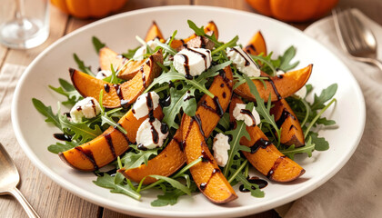 Roasted pumpkin salad with arugula, feta cheese, and balsamic glaze on a white plate.