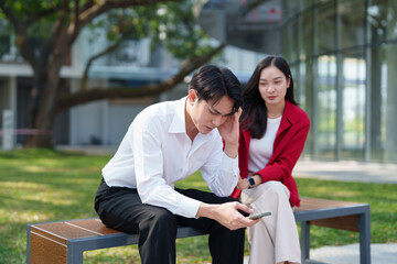Fototapeta premium Young Asian man feeling stressed and overwhelmed, looking at his smartphone while sitting on a park bench outdoors, with a concerned Asian woman watching him