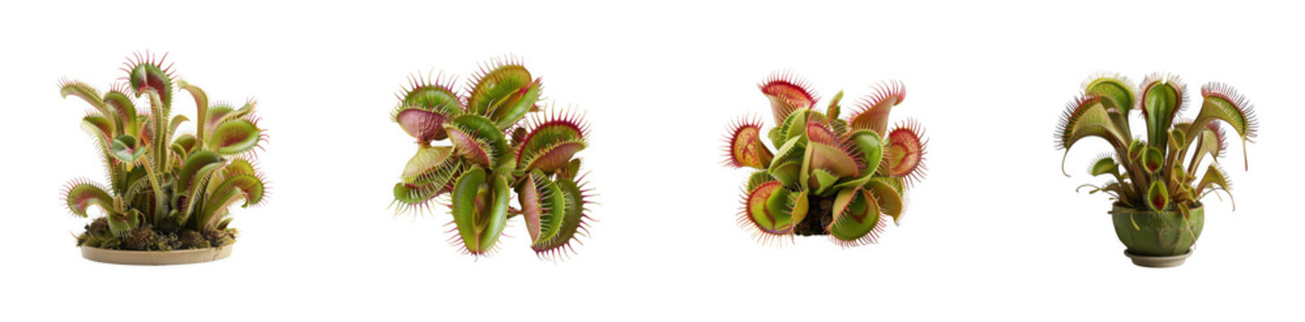 Fascinating collection of four vibrant Venus flytrap plants with open traps, showcasing their unique carnivorous nature. isolated on transparent background