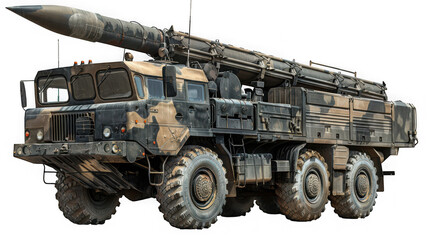 A formidable military missile truck, heavily armed with a large ballistic missile, depicted in dark camouflage against white. isolated on transparent background