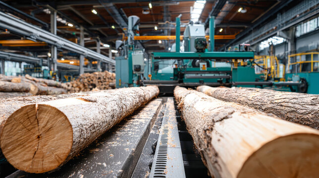 Numerous felled trees rest on wooden boards as industrial saws and machinery work to transform timber into processed materials in a lively woodworking shop