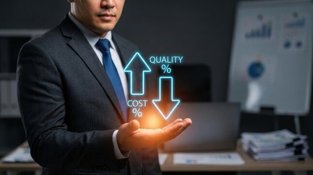 Businessman shows increasing quality and decreasing cost with arrows, business optimization.