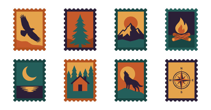 Minimalist Outdoor Wilderness Postage Stamp Collection for National Park Souvenir and Camping Branding