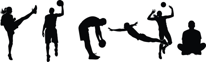 Basketball player silhouette set showing dynamic sport actions with ball isolated on white background athletic motion illustration stock design concept © Sarjina's World