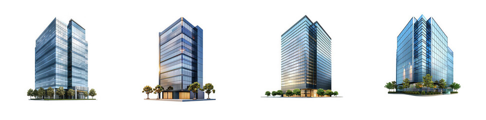 A collection of four sleek, modern glass office buildings, featuring contemporary architecture and reflective facades, isolated on white. isolated on transparent background