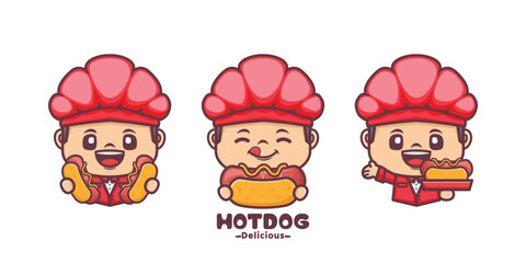 Obraz premium Chef mascot with hotdogs, culinary vector illustration