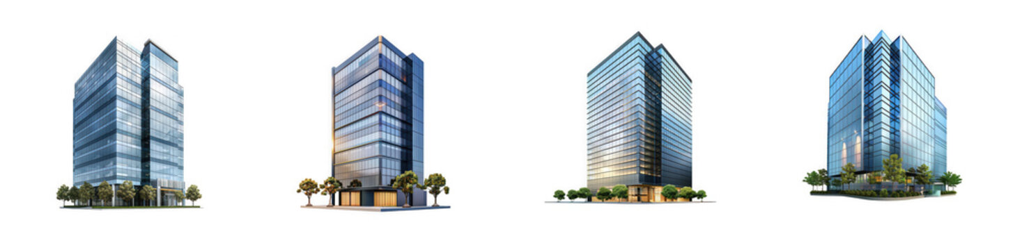 A collection of four sleek, modern glass office buildings, featuring contemporary architecture and reflective facades, isolated on white. isolated on transparent background