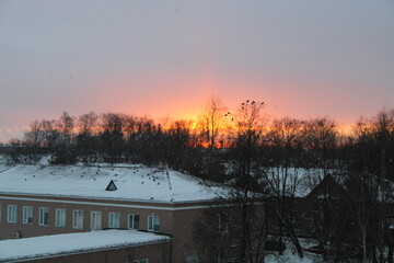 bright winter sunset, view from the window,