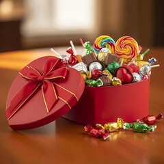 A heart-shaped gift box filled with colorful candies and wrapped with a red ribbon.