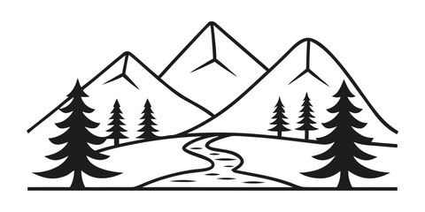 Obraz premium Vector illustration of black silhouette mountains, fir trees, and small flowing stream