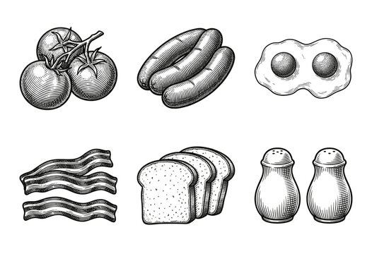 Vintage woodcut style illustration of breakfast ingredients including sausages, eggs, bacon, tomatoes, bread slices, and salt shakers.