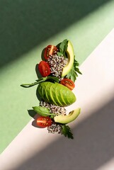 Vertical food art with avocado slices and quinoa salad, healthy organic ingredients illustration on green and cream background, candid minimalist culinary concept