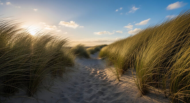 Sandy path through dunes with tall grass and the sun setting casting a warm glow