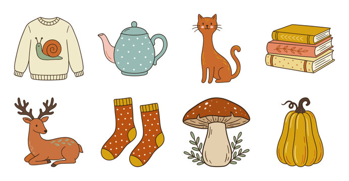 Cozy Autumn Hygge Illustration Set with Cute Animal Characters
