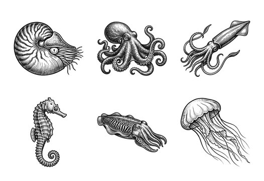Vintage marine life collection featuring hand drawn ink illustrations of cephalopods and sea creatures in a classic woodcut etching style