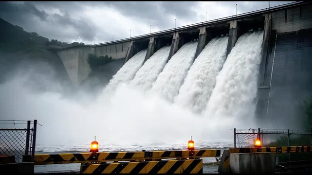 Dam spillway releasing massive water flow in heavy rain, thick mist and spray, safety barriers and warning lights in foreground, hydropower infrastructure and flood control concept, generative AI