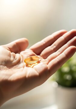 Woman hand holding golden fish oil capsule in morning sunlight, daily omega 3 vitamin supplement intake, healthy medical lifestyle concept.