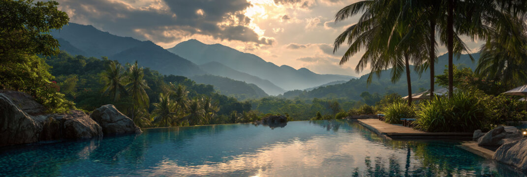 luxury tropical mountain resort at sunset, sunset over tropical rainforest luxury hotel pool, panoramic tropical mountains and rainforest from resort