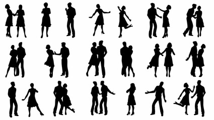 Silhouettes of dancing couples in various elegant dance poses