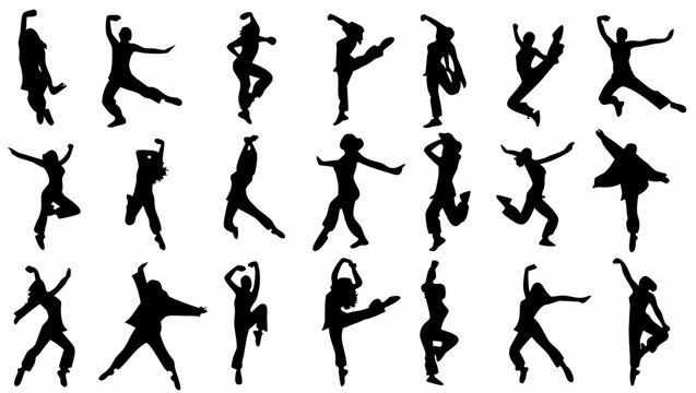 Collection of dynamic dancer silhouettes in various energetic poses