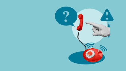 Customer Support Hotline and Business Communication Concept, Question and Warning Symbols, Uncertainty, Problem Solving, Help Desk Contact and Missed Call with Retro Telephone on Blue Background