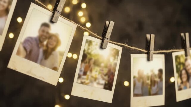 Polaroid Photograph Memory Nostalgia String Light Bokeh Decoration, Vintage Outdoor Celebration, Hanging Retro Photos, Warm Romantic Friendship