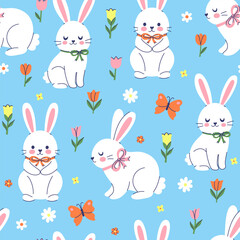 Seamless pattern with white rabbits with bows on their necks and flowers. Vector graphics.