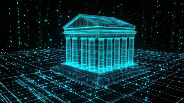 Neon blue building on grid floor.