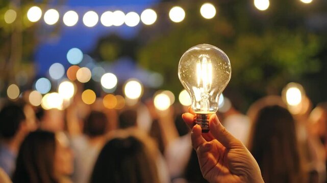 Hand holding glowing incandescent light bulb with bokeh of party lights in background