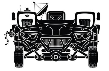 Naklejka premium Abstract military armored vehicle. Black outline sketch. SUV front view. Engineering battle war car in frontal perspective. Vector illustration isolated on white background