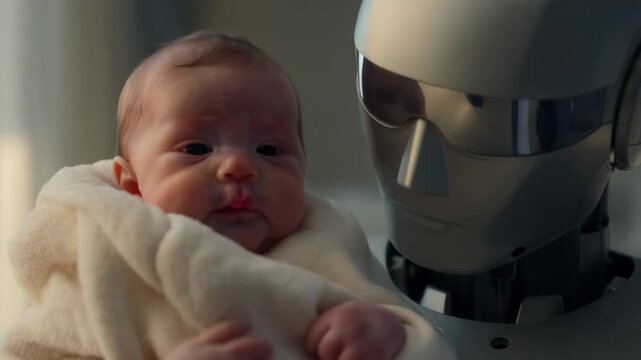Humanoid robot holding baby indoors under soft window light