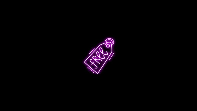 Glowing Neon Price Tag Icon with "Free" Inscription on Black Background, Promotional Discount Badge, Futuristic Line Animation, Modern 4K Motion Graphics Loop